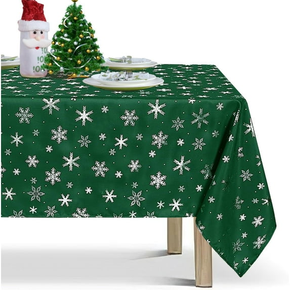 Christmas Tablecloth Rectangle - Green 60x102 inch Snowflakes Foil Print Pattern Washable Wrinkle Resistant Holiday Tablecloths for Christmas Family Gathering, Dining Room Table 130GSM