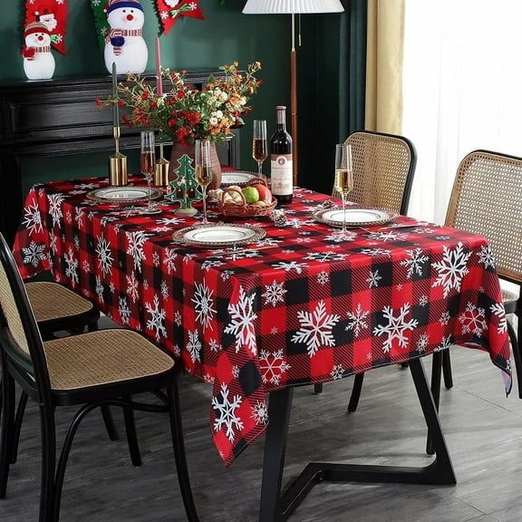 Christmas Tablecloth Rectangle, Plaid Table Cloth with Snowflake Decorations, Heavy Weight & Spillproof Table Cover for Dining, Party & Holidays (Snow Patterns, Square, 52" x 52")