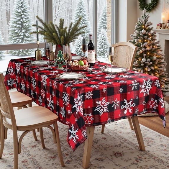 Christmas Tablecloth Rectangle, Plaid Table Cloth with Snowflake Decorations, Heavy Weight & Spillproof Table Cover for Dining, Party & Holidays (Snow Patterns,Square)