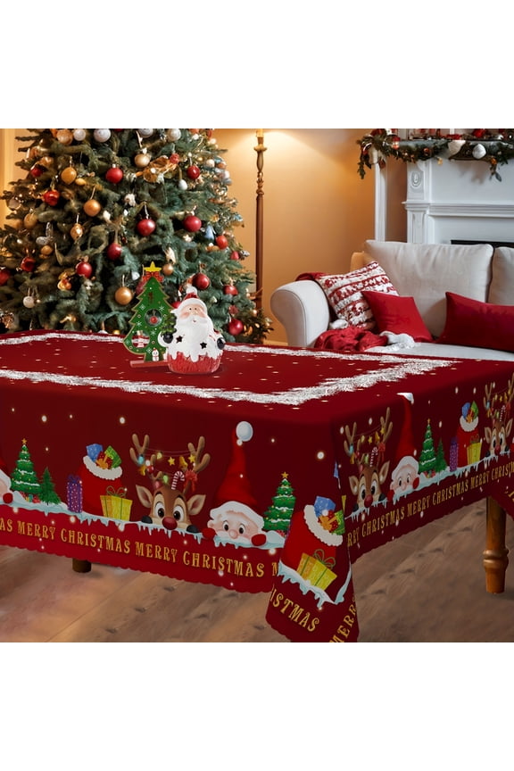 Christmas Tablecloth, Rectangle, Red with Reindeer Design, Holiday Theme, White Pine Border, Decorative Festive Pattern, 60x86 Inch