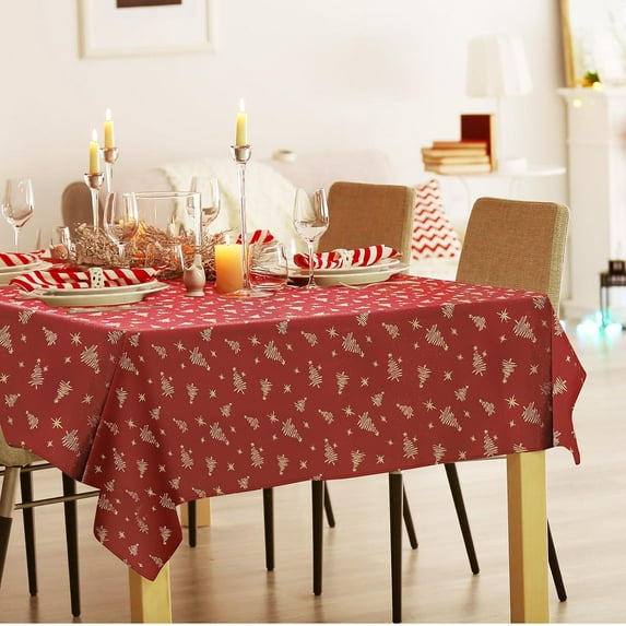 Christmas Tablecloth for Rectangle Table, 60 x 102 inch Premium Waterproof Table Cloth with Golden Thread Christmas Tree, Red Washable Holiday Tablecloth for Xmas Party, Christmas Decorations