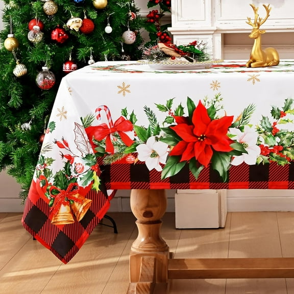 Christmas Tablecloth Rectangle Table for Holiday, Water-Resistant and Easy-Care Fabric, Poinsettia Christmas Decor Holiday Tablecloth for Kitchen Dining Room Outdoor, Party, Ideal Gifts,60×120in