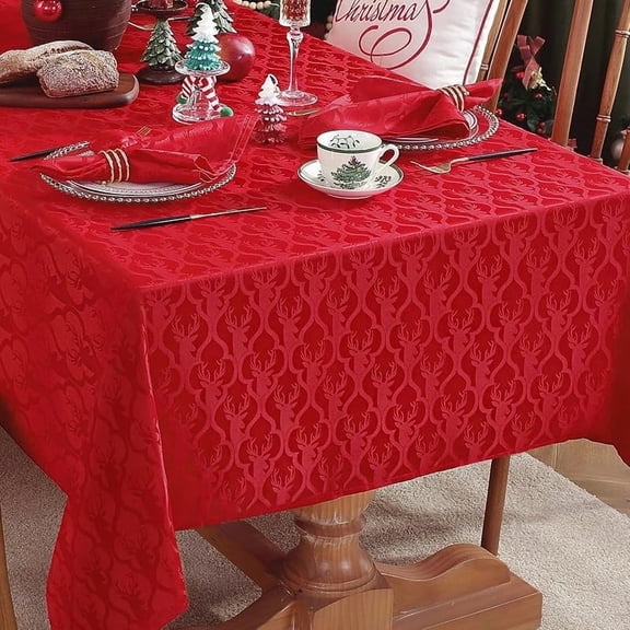 Christmas Tablecloth Rectangular, Winter Jacquard Tablecloth with Antlers, Spill-Proof Washable Brocade Fabric Tablecloth, Suitable for Christmas New Year Holiday Decoration