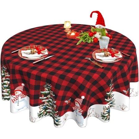 Christmas Tablecloth Red Black Buffalo Plaid Round Tablecloth 60 Inch Christmas Tree Snowman Tablecloth, Washable Waterproof Polyester Fabric Table Cloth Cover for Outdoor Kitchen Holiday Party Decor