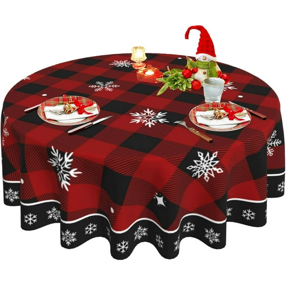 Christmas Tablecloth, Red Black Buffalo Plaid Round Tablecloth 60 Inch, Winter Snowflake Table Cloth for Rustic Farmhouse Kitchen Decor, Xmas Holiday Outdoor Wipeable Polyester Fabric Table Cover