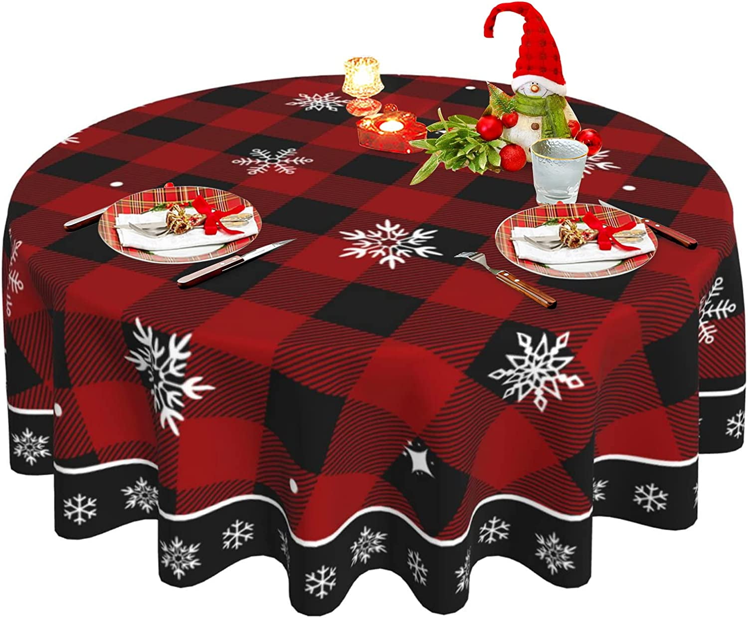 Christmas Tablecloth, Red Black Buffalo Plaid Round Tablecloth 60 Inch