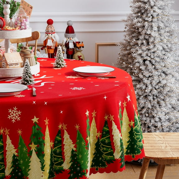 Christmas Tablecloth, Red Merry Christmas Tree Tablecloth, Christmas Tableware Home Decor, 70 inch Diameter Round, Polyester
