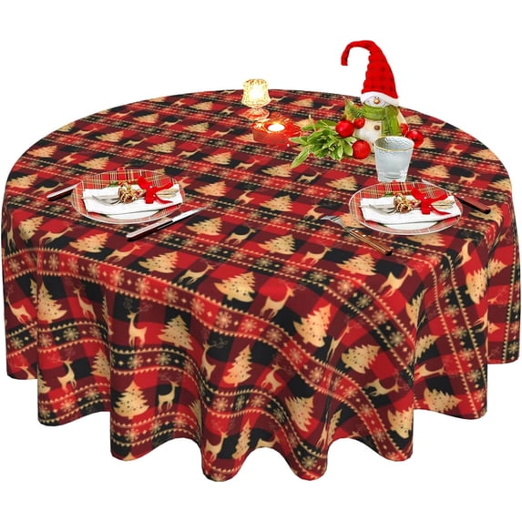 Christmas Tablecloth Red Plaid Round Tablecloth 60 Inch Deer Xmas Tree Snowflake Table Cloth for Outdoor Picnic Kitchen Table Decor Washable Waterproof Polyester Fabric Table Cover for Holiday Party