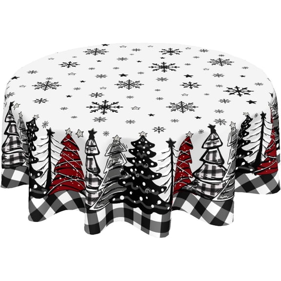 Christmas Tablecloth Round 60 Inch Christmas Trees Black Buffalo Plaid Table Cloth Farmhouse Winter Snowflake Table Cover Decorative for Home Kitchen Dining Outdoor Party Picnic Home Decor