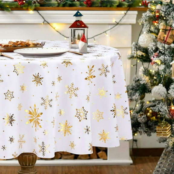 Christmas Tablecloth Round 60 Inch, Gold Foil Print Snowflake Table Cloth Washable, Waterproof Wrinkle Resistant White Table Cover for Party Dinner Decorations, Gifts