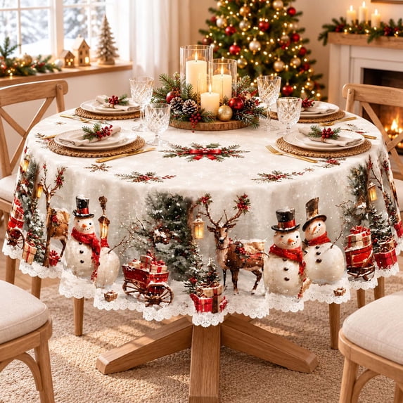 Christmas Tablecloth Round 60 Inch, Holiday Dining Table Cover, Festive Christmas Table Decor for Kitchen Home Party