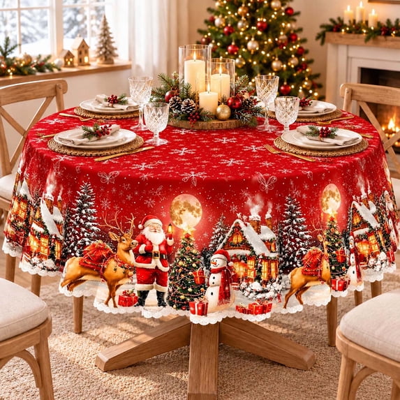 Christmas Tablecloth Round 60 Inch, Holiday Dining Table Cover, Festive Christmas Table Decor for Kitchen Home Party