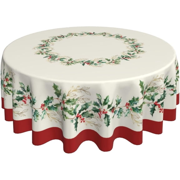 Christmas Tablecloth Round 60 Inch Winter Red Green Watercolor Holly Leaf Berry Decorative Table Cloth Washable Polyester Farmhouse Table Cover for Home Kitchen Dining Party