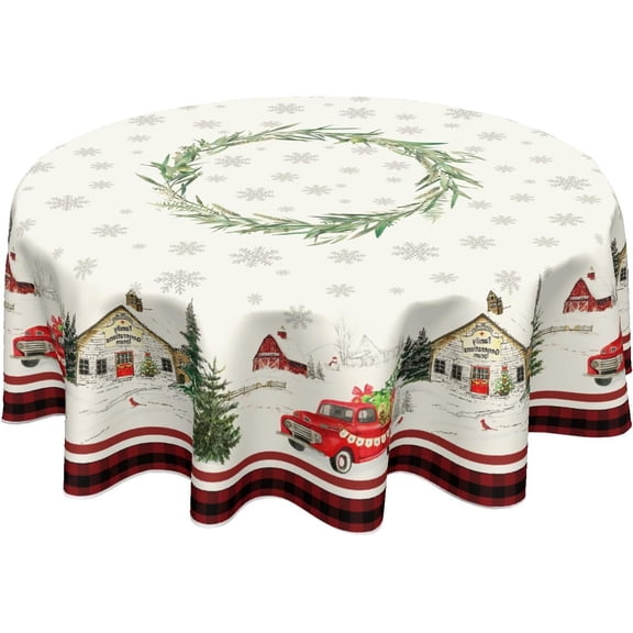 Christmas Tablecloth Round 60 Inch Winter Truck Snowflake Decoration Outdoor Table Cloth Christmas Trees Red Outdoor Table Cover for Dining Kitchen Holiday Party Picnic Home Christmas Decor