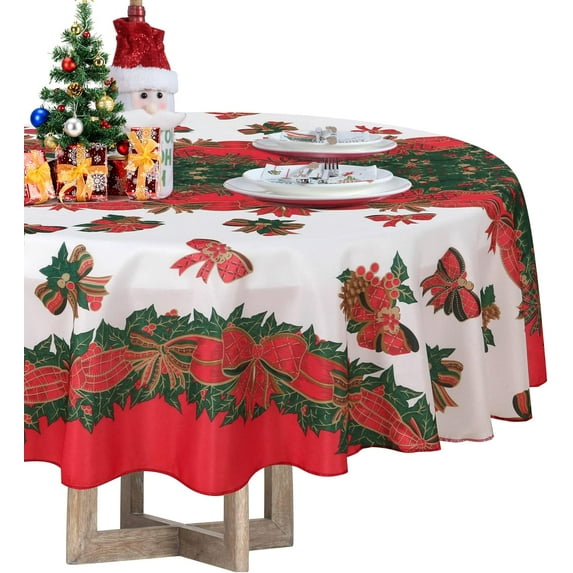 Christmas Tablecloth Round - 60inch Holly Ribbon Pattern Washable Wrinkle Resistant Holiday Tablecloths for Christmas Family Gathering, Dining Room Table 130GSM