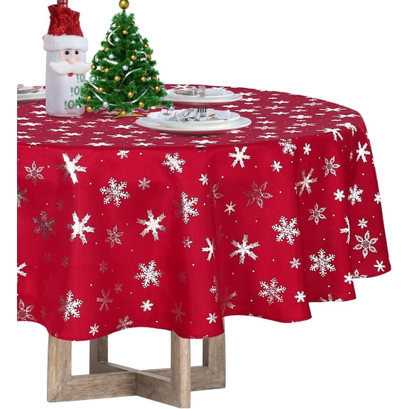 Christmas Tablecloth Round - 60inch Snowflakes Foil Print Pattern Washable Wrinkle Resistant Holiday Tablecloths for Christmas Family Gathering, Dining Room Table 130GSM