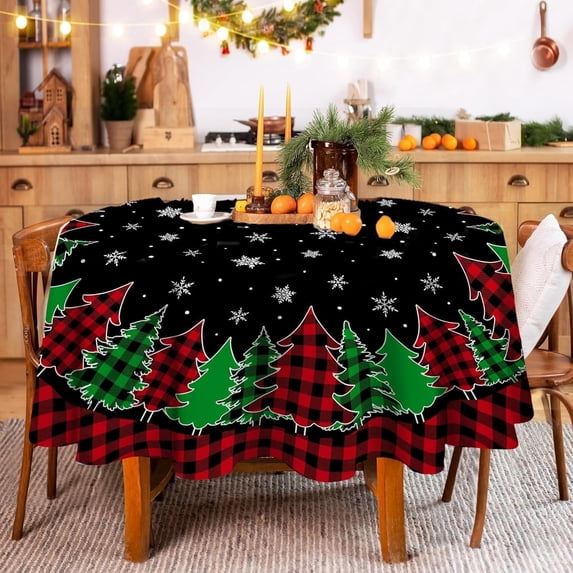 Christmas Tablecloth Round, Christmas Trees Table Cloth 60inch Round, Black Buffalo Plaid Oblong Winter Xmas and Snowflake Kitchen Christmas Table Decorations for Home, Dinner, Party