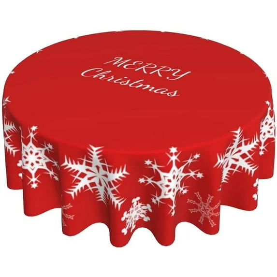 Christmas Tablecloth Round Cloth Merry Christmas Snowflake Kitchen Dinning Tabletop Decor Cover Washable Polyester for Buffet Table, Parties, Holiday Dinner Party 60 Inch