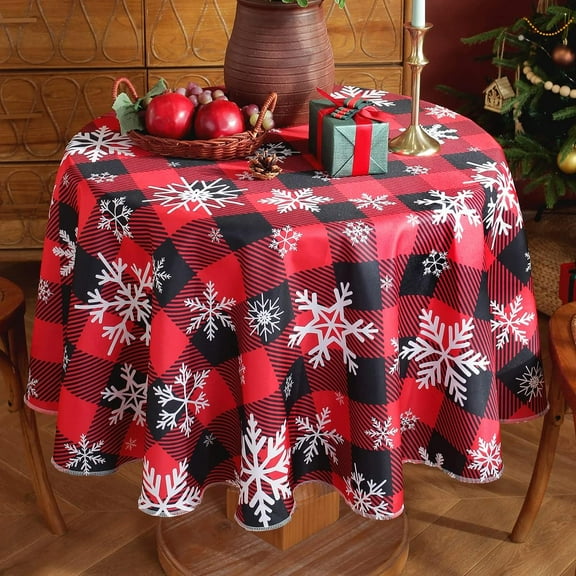 Christmas Tablecloth Round, Plaid Table Cloth with Snowflake Decorations, Heavy Weight & Spillproof Table Cover for Dining, Party & Holidays (Snow Patterns, Round, 60 Inch)