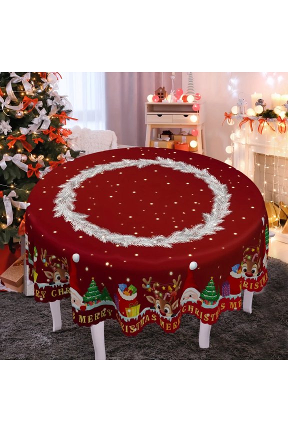 Christmas Tablecloth, Round, Red with Reindeer Design, Holiday Theme, White Pine Border, Decorative Festive Pattern, 60x60 Inch
