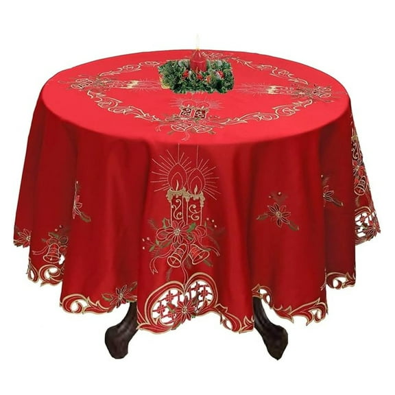 Christmas Tablecloth Set 68" Round - Embroidered Poinsettia & Candle Design with 8 Napkins - Festive Holiday Table Decor - Red Polyester