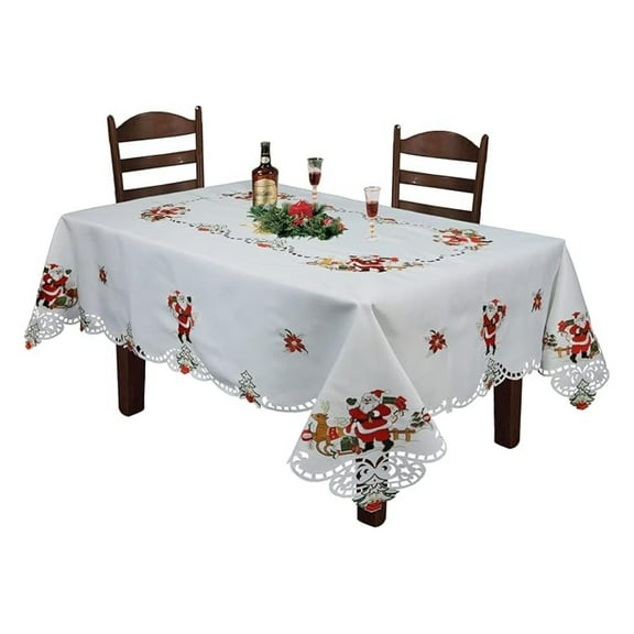 Christmas Tablecloth Set 70x90 with 8 Napkins - Embroidered Santa, Reindeer, Poinsettia - White Winter Holiday Table Linen Rectangular
