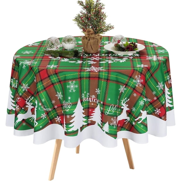 Christmas Tablecloth, Snowflake Christmas Table Cloth for Winter, Green Buffalo Plaid Christmas Tablecloths, Waterproof Table Cover for Table, Kitchen, Dining, Holiday, 60 Inch Round