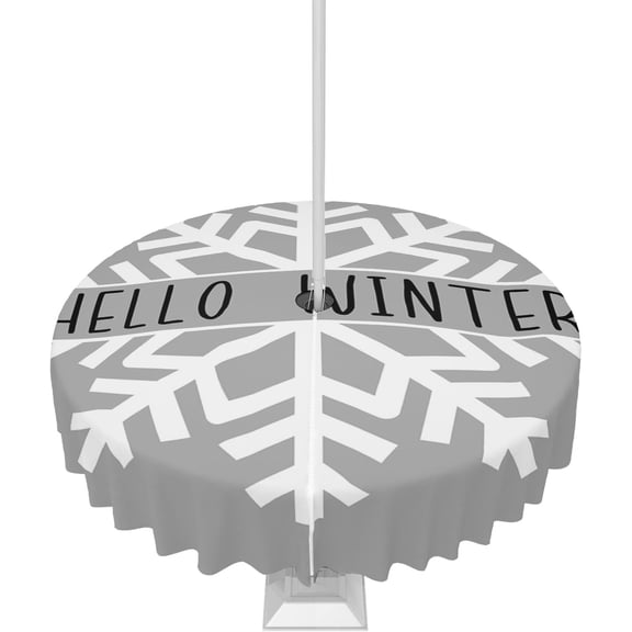 Christmas Tablecloth Snowflake Hello Winter Round Outdoor Tablecloths 60 Inch, Patio Table Cloths with Umbrella Hole and Zipper, Gray Table Cover for Outdoor Tables Picnic Dining Xmas Holiday Party