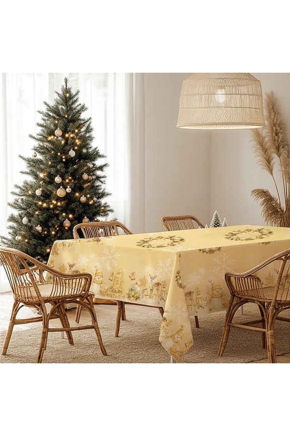 Christmas Tablecloth with Snowflake Pattern, Gold Holiday Table Cover with Gingerbread and Deer Design, Decorative Winter Dining Decor（Rectangle,60x86in）