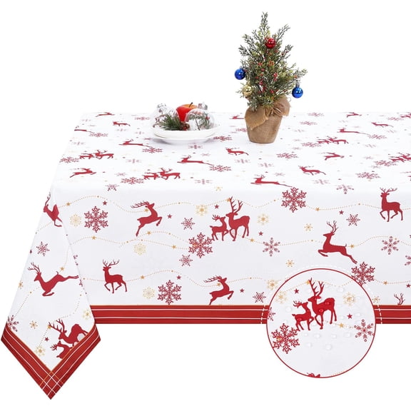 Christmas Tablecloth, Snowflake Table Cloth, Xmas Red Striped Deer Waterproof Tablecloths for Dining Kitchen Winter Holiday, Spill-Proof Table Cover for New Year Party Decor, Rectangle 60x84 Inch