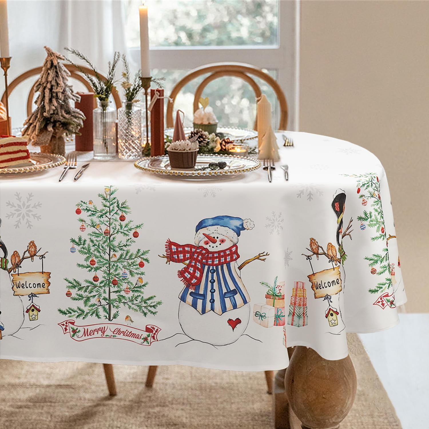 Christmas Tablecloth Snowman Christmas Snowflake Trees, Christmas