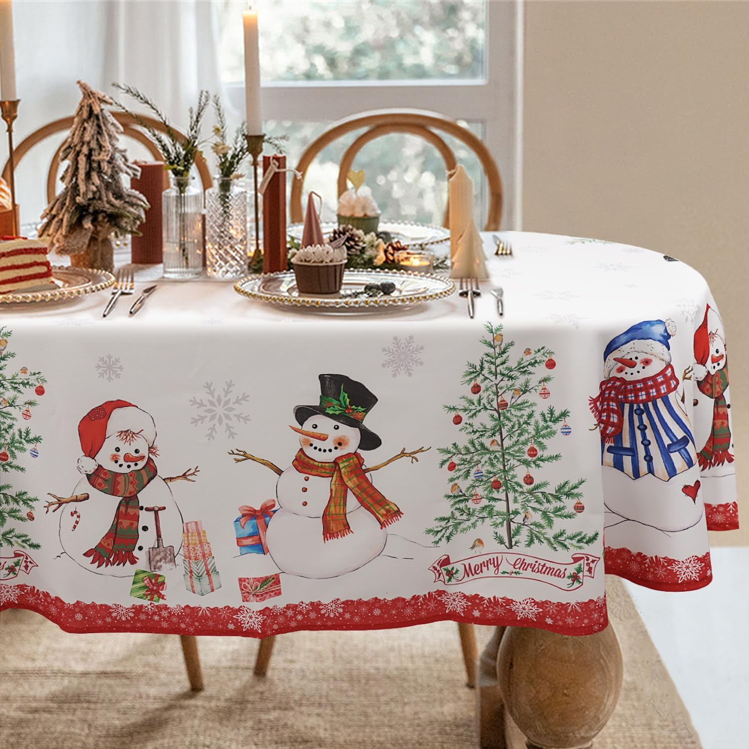 Christmas Tablecloth Snowman Christmas Snowflake Trees, Christmas Tablecloth Oval 60×84
