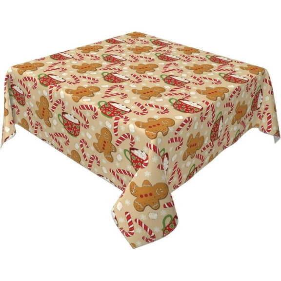 Christmas Tablecloth Square 54×54 Inch, Gingerbread Man Candy Cane Holiday Tablecloth Winter Snowflake Xmas Washable Table Cover for Party Dinner Picnic Decor