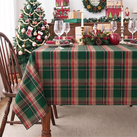 Christmas Tablecloth Square, Green & Red Tartan Plaid, 60x60 Inch | Farmhouse Checkered Holiday Decor, Vintage Yarn Dyed Fabric, Winter Gingham Table Cover for Dining, Washable, Forest Green