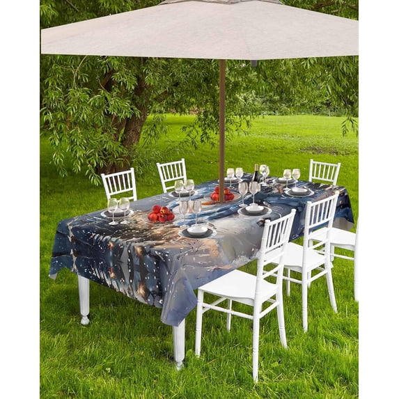 Christmas Tablecloth with Umbrella Hole and Zipper Blue Snowman Outdoor Tablecloths 54x54 Table Cloths Xmas Tree Snow Forest Oil Printing Patio Table Cloth Cover for Holiday Party Yard Garden Cafe