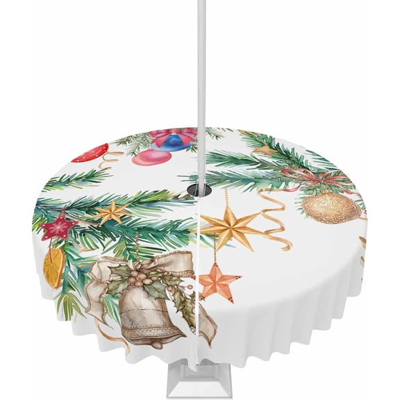 Christmas Tablecloth with Umbrella Hole and Zipper Christmas Balls Bell Round Outdoor Tablecloths 60 Inch Table Cloths Ribbon Pine Branch Patio Table Cloth Cover for Holiday Party Yard Garden Cafe