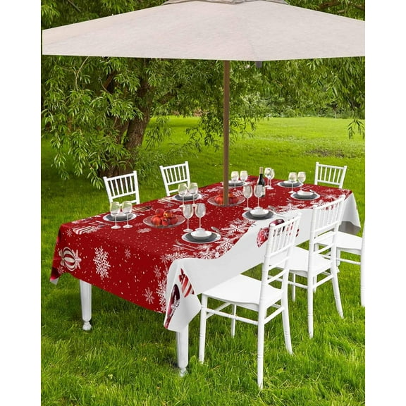 Christmas Tablecloth with Umbrella Hole and Zipper Christmas Balls Rectangle Outdoor Tablecloths 60x84 Table Cloths Snowflakes Snow Red Patio Table Cloth Cover for Holiday Party Yard Garden Cafe