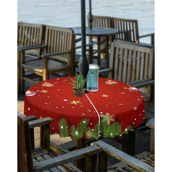 Christmas Tablecloth with Umbrella Hole and Zipper Christmas Balls Round Outdoor Tablecloths 60 Inch Table Cloths Pine Branches Ribbon Snowflakes Patio Table Cloth Cover for Holiday Party Yard Garden