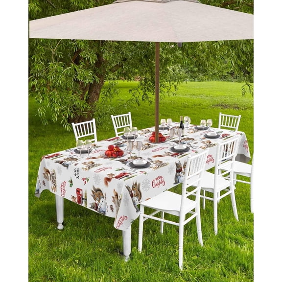 Christmas Tablecloth with Umbrella Hole and Zipper Merry Christmas Mailbox Round Outdoor Tablecloths 60 Inch Table Cloths Snowman Cute Squirrel Patio Table Cloth Cover for Holiday Party Yard Garden