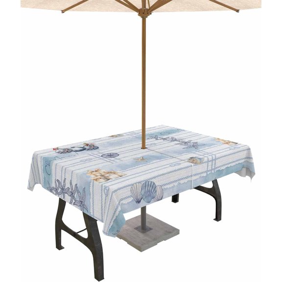 Christmas Tablecloth with Umbrella Hole and Zipper Xmas Ball Starfish Seashell Outdoor Tablecloths 60x84 Table Cloths Berry Gift Blue Patio Table Cloth Cover for Holiday Party Yard Garden Cafe