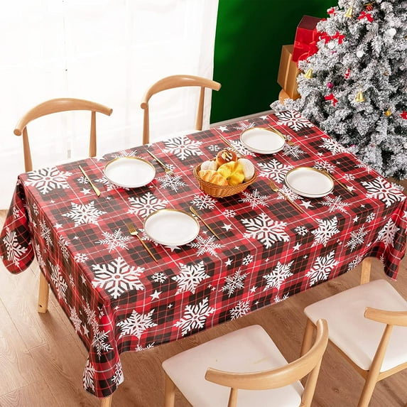 Christmas Tablecloth Vinyl Tablecloth with Flannel Backing, Plastic Rectangle Holiday Table Cloth for Indoor Outdoor (Snowflake, 52" x 70")