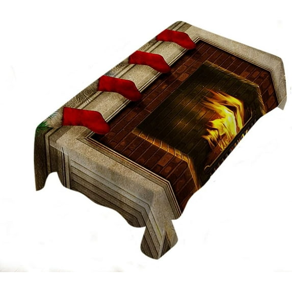 Christmas Tablecloth Wall Fireplace Flames Xmas Stocking Pine Leaves Wrinkle Free Anti-Fading Dust-Proof Washable Tabletop Decoration 60X104 Inch