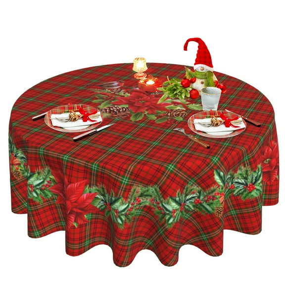 Christmas Tablecloth Washable Plaid Xmas Tablecloth Reusable Round Christmas Table Cloth 60 Inch for Holiday Party Dinner Kitchen Dining Table Decor