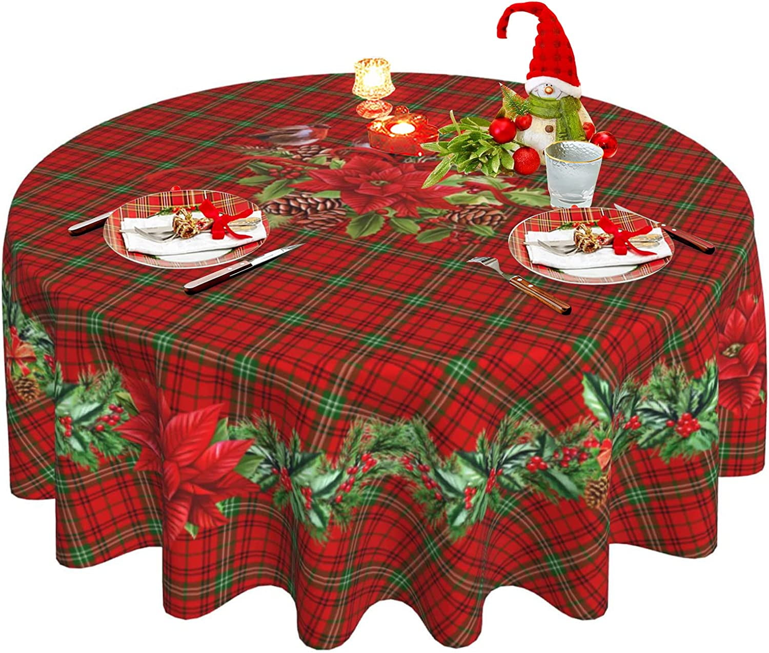 Christmas Tablecloth Washable Plaid Xmas Tablecloth Reusable Round