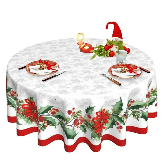 Christmas Tablecloth Washable Winter White Xmas Tablecloth Reusable Round Christmas Table Cloth 60 Inch for Holiday Party Dinner Kitchen Dining Table Decor