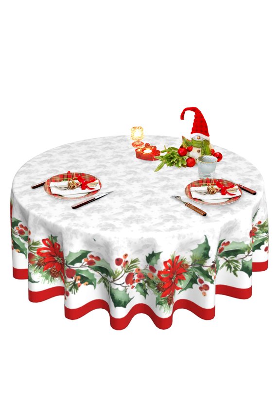 Christmas Tablecloth Washable Winter White Xmas Tablecloth Reusable Round Christmas Table Cloth 60 Inch for Holiday Party Dinner Kitchen Dining Table Decor