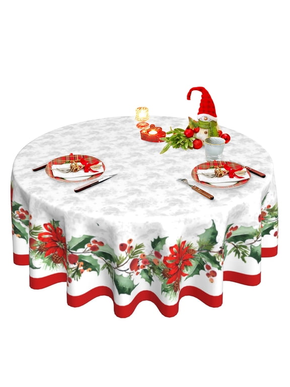 Christmas Tablecloth Washable Winter White Xmas Tablecloth Reusable Round Christmas Table Cloth 60 Inch for Holiday Party Dinner Kitchen Dining Table Decor
