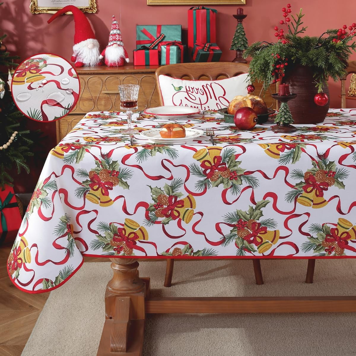 Christmas Tablecloth Water Oil Proof Holly Berry Cardinal Ribbon Bell ...