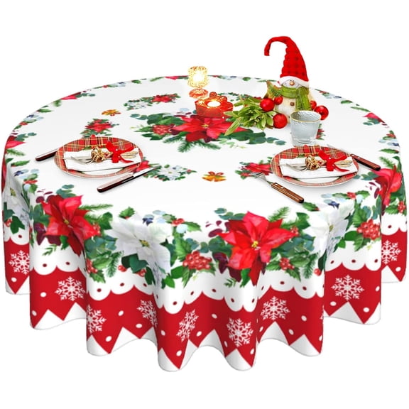 Christmas Tablecloth, Winter Floral Round Tablecloth 60 Inch, Red Xmas Flower Snowflake Table Cloth for Farmhouse Kitchen Decor, Wipeable Polyester Fabric Table Cover for Holiday Party Outdoor Camping