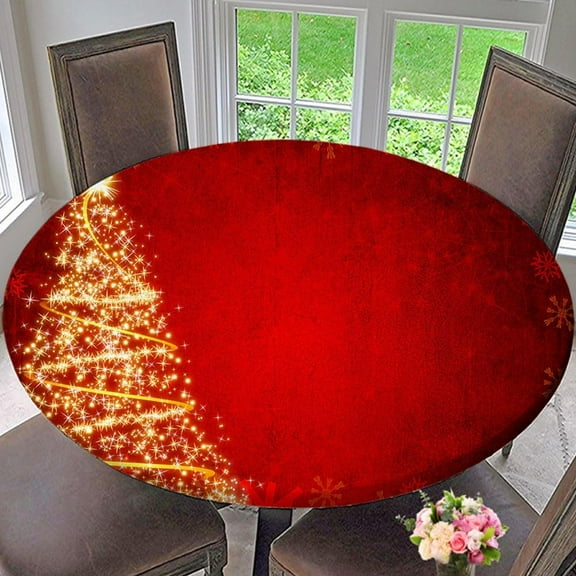 Christmas Tablecloth Winter Red Christmas Tree Background Round Fitted Table Cover Tablecloths for Dining Party Fit for Diameter 32.2"-36.1" Round Table, Style 34